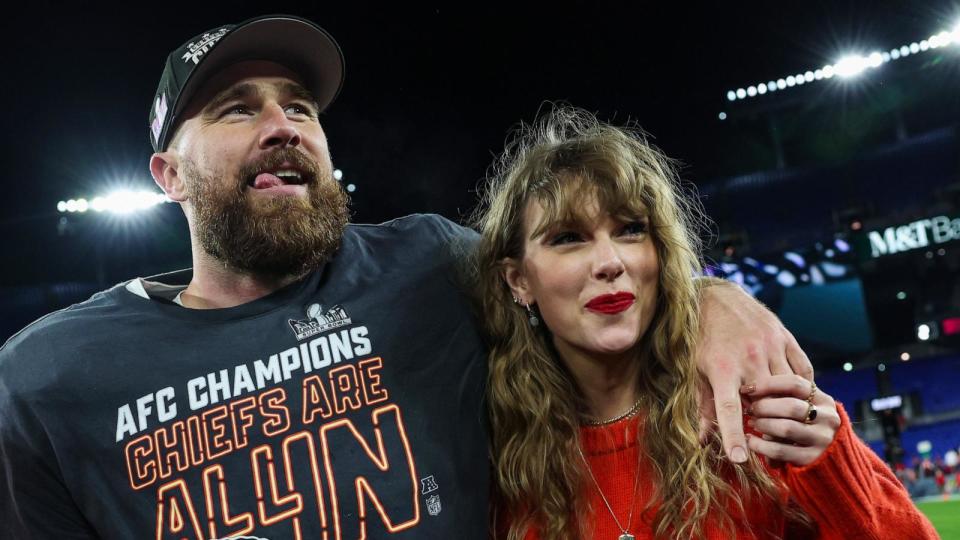 PHOTO: Travis Kelce of the Kansas City Chiefs celebrates with Taylor Swift after defeating the Baltimore Ravens in the AFC Championship Game in Baltimore, MD, Jan. 28, 2024. (Patrick Smith/Getty Images)