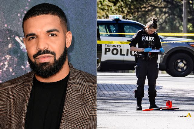 <p>Kevin Winter/Getty; Andrew Francis Wallace/Toronto Star via Getty</p> Toronto Police Service are seen outside Canadian entertainer Aubrey Drake Graham's mansion in Toronto, May 7, 2024. The famous rapper was not injured in the shooting.