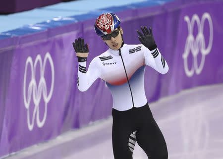 Short Track Speed Skating Events - Pyeongchang 2018 Winter Olympics - Men's 500m Finals - Gangneung Ice Arena - Gangneung, South Korea - February 22, 2018 - Silver medallist Hwang Dae-heon of South Korea reacts. REUTERS/Lucy Nicholson