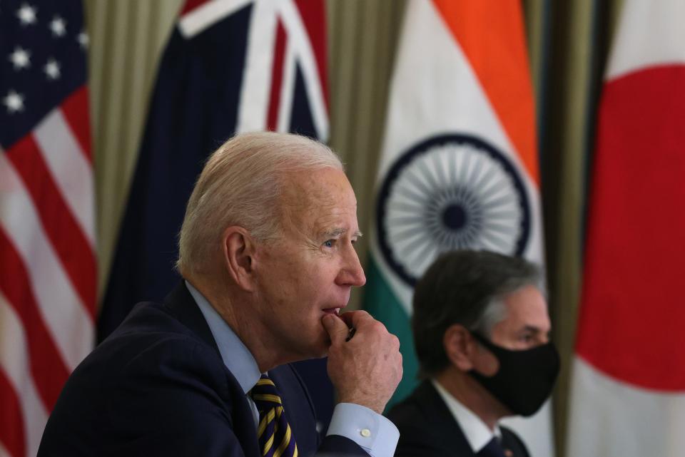 President Joe Biden and U.S. Secretary of State Anthony Blinken in virtual meeting with leaders of Quadrilateral Security Dialogue countries on March 12, 2021, in Washington, D.C.