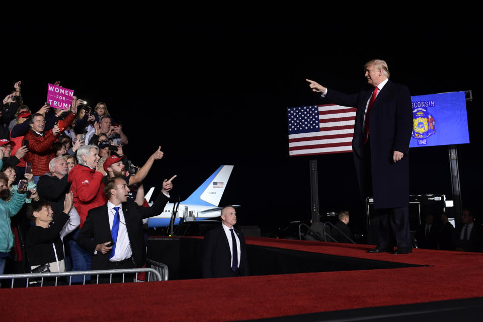 President Donald Trump arrives to speak at a rally at Central Wisconsin Airport in Mosinee, Wis., Wednesday, Oct. 24, 2018. (AP Photo/Susan Walsh)