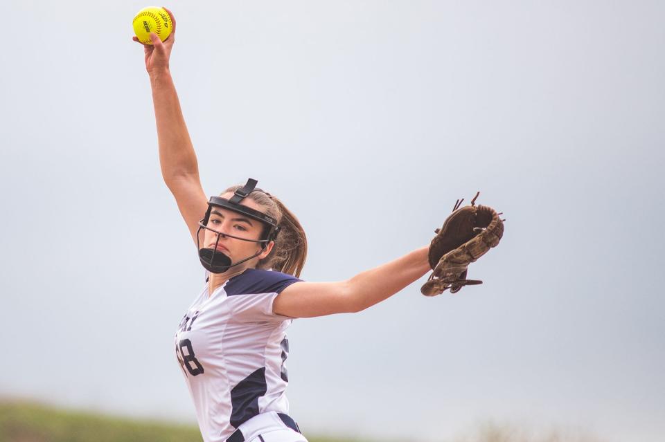 John Jay's Nicole Barosa pitches during the Section 1 softball game at John Jay High School in Hopewell Junction, NY on Thursday, May 19, 2022. John Jay defeated Fox Lane. KELLY MARSH/FOR THE POUGHKEEPSIE JOURNAL