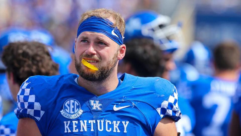 Super-senior Brenden Bates (80) had the only catch by a tight end for Kentucky in the Wildcats’ 44-14 win over Ball State last week.