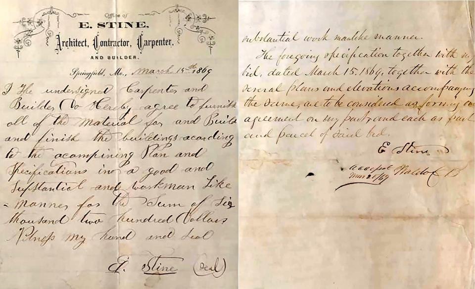 A letter from March 15, 1869, signed by E. Stine, pertaining to construction of the oldest standing house in Springfield. The cost to build in 1869 was $6,200.