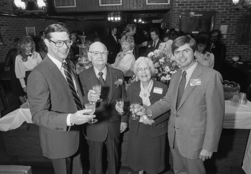 Golden Corral founders William F. Carl, left, and James H. Maynard, right, welcome Mr. and Mrs. W.G. Waddell of Fayetteville to a 10th anniversary celebration at the Bragg Blvd. location on Monday, Jan. 3, 1983. They were the first customers of the steak house chain’s first restaurant, which opened in Fayetteville on Jan. 3, 1973.