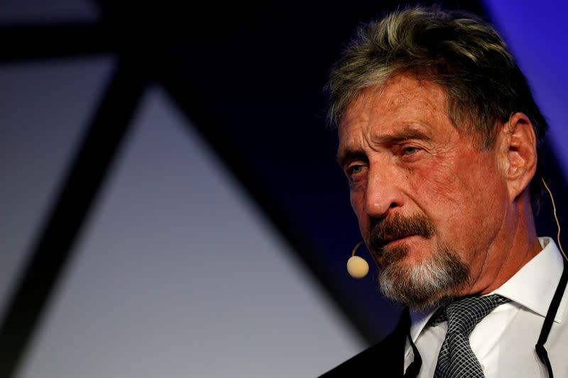 FILE PHOTO: John McAfee, co-founder of McAfee Crypto Team and CEO of Luxcore and founder of McAfee Antivirus, speaks at the Malta Blockchain Summit in St Julian's