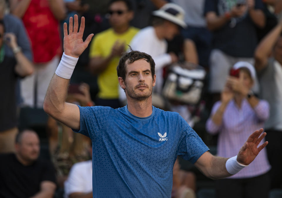 Andy Murray (pictured) thanks the crowd and celebrates his victory over Carlos Alcaraz at Indian Wells.