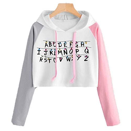 2) Forlove365 Girls Womens Strange Things Hoodie Crop Top Contrast Color Long Sleeve Sweatshirt (White-02, S)