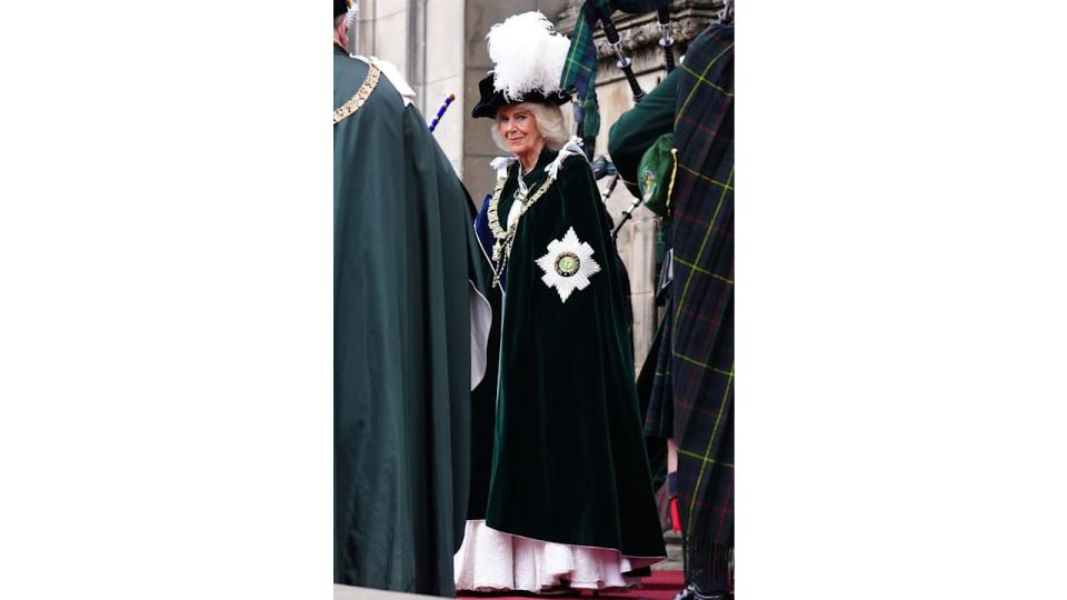 Queen Camilla leaves after the Order of the Thistle Service at St Giles' Cathedral