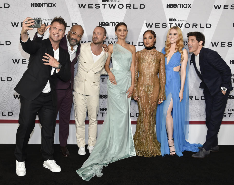 FILE - Luke Hemsworth, left, Jeffrey Wright, Aaron Paul, Angela Sarafyan, Tessa Thompson, Evan Rachel Wood and James Marsden attend the premiere of HBO's "Westworld" Season 4 at Alice Tully Hall on Tuesday, June 21, 2022, in New York. (Photo by Evan Agostini/Invision/AP, File)