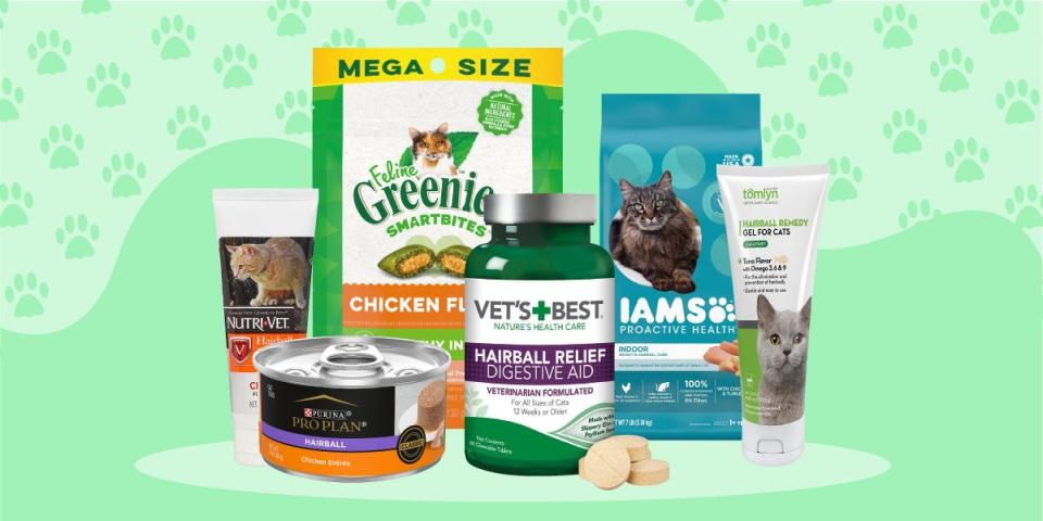 A group of hairball remedy products for cats on a green background with paw prints.