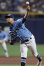 Tampa Bay Rays starting pitcher Shane McClanahan works from the mound against the Boston Red Sox during the first inning of a baseball game, Sunday, Aug. 1, 2021, in St. Petersburg, Fla. (AP Photo/Scott Audette)