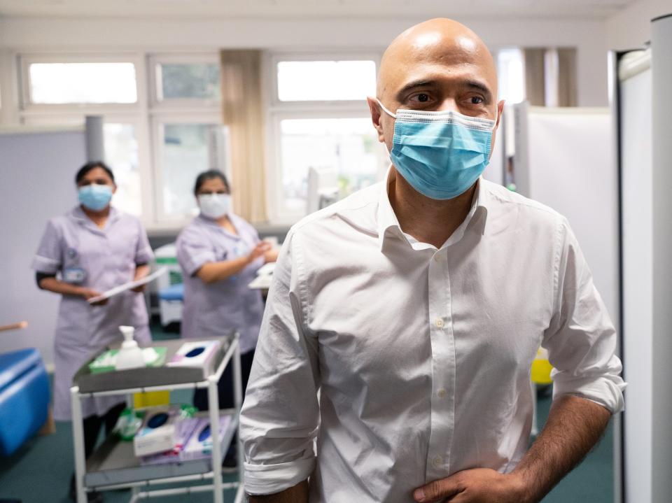 Sajid Javid visits St George’s Hospital, in southwest London, where he talked to staff and met Covid patients being treated with a new anti-viral drug (PA)