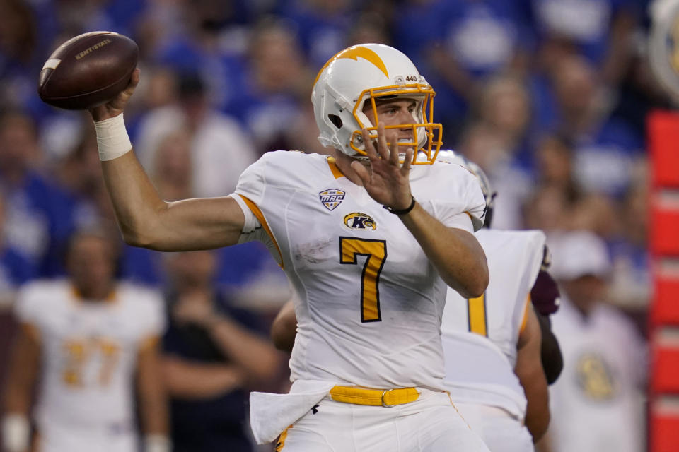 Kent State quarterback Dustin Crum (7) passes downfield against Texas A&M during the first half of an NCAA college football game on Saturday, Sept. 4, 2021, in College Station, Texas. (AP Photo/Sam Craft)