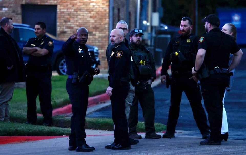 Fort Worth Police Chief Neil Noakes joins officers at the scene where a Tarrant County sheriff’s deputy was shot Monday, Nov. 27, 2023.