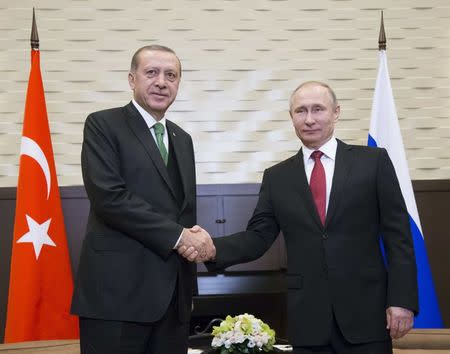 Russian President Vladimir Putin shakes hands with his Turkish counterpart Tayyip Erdogan during a meeting in Sochi, Russia. REUTERS/Alexander Zemlianichenko/Pool