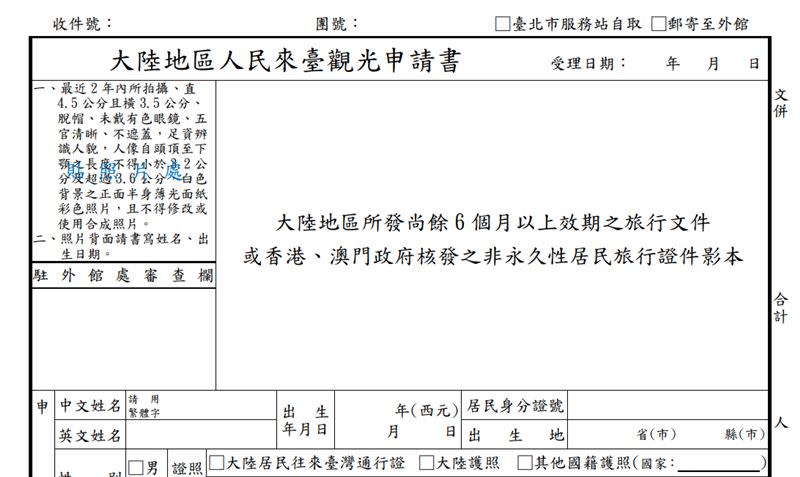 大陸地區人民來臺觀光申請書。（圖／翻攝自移民署）