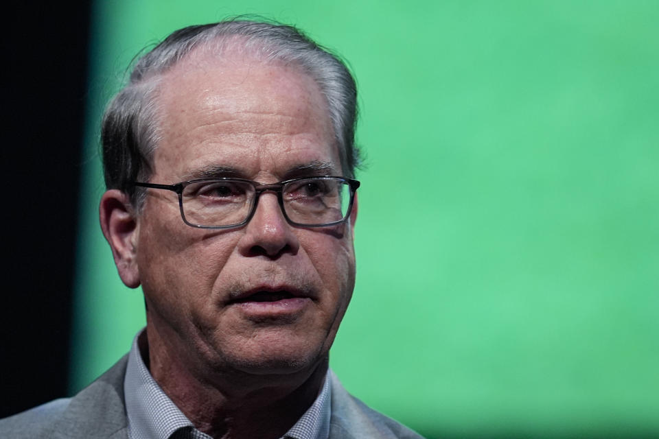 FILE - Sen. Mike Braun, R-Ind., speaks during a Republican Indiana gubernatorial candidate forum in Carmel, Ind., Jan. 25, 2024. (AP Photo/Michael Conroy, file)