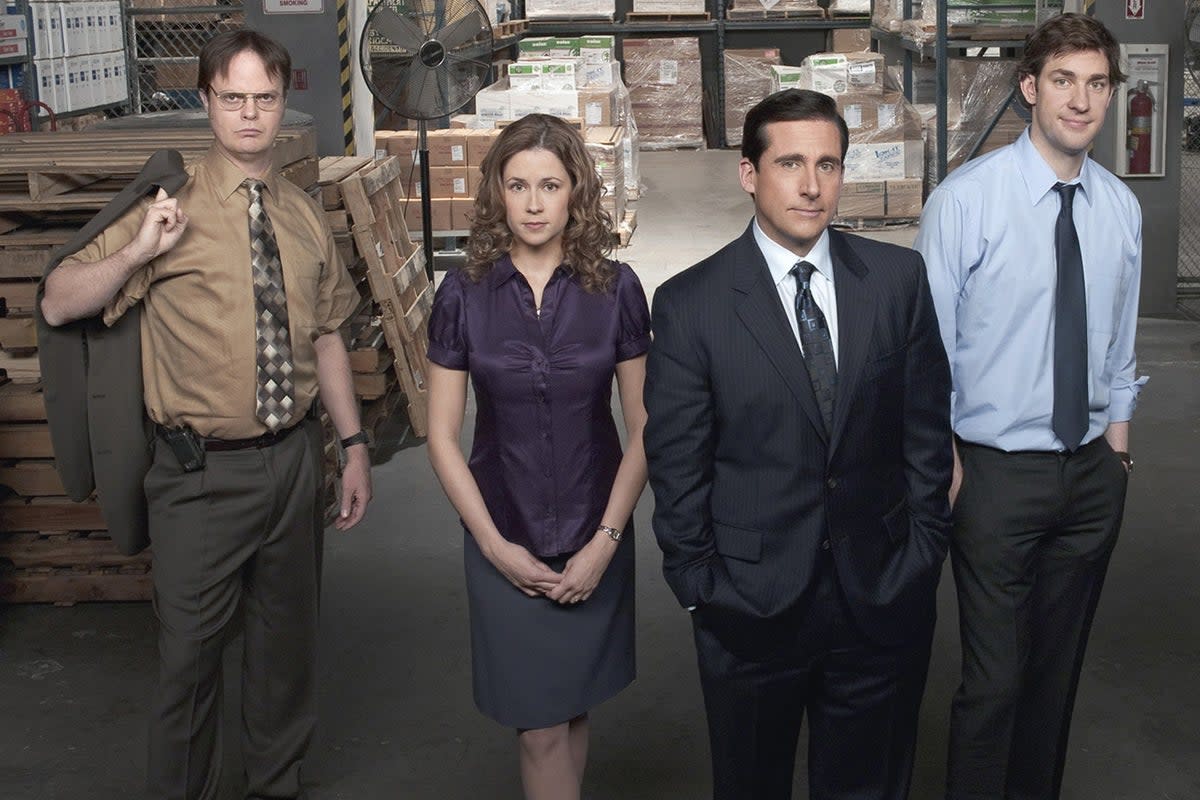  Rainn Wilson as Dwight Schrute, Jenna Fischer as Pam Beesly, Steve Carell as Michael Scott and John Krasinski as Jim Halpert (NBC)