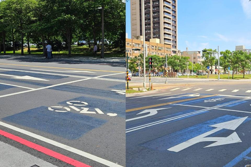 民眾抱怨高雄市鼓山區馬卡道路美術館路道路標線亂畫一通，不滿事前不仔細評估規劃，事後改來改去批評是浪費公帑。施書瑜攝