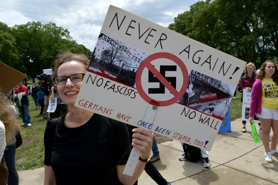 A protester holds up a sign in Philadelphia