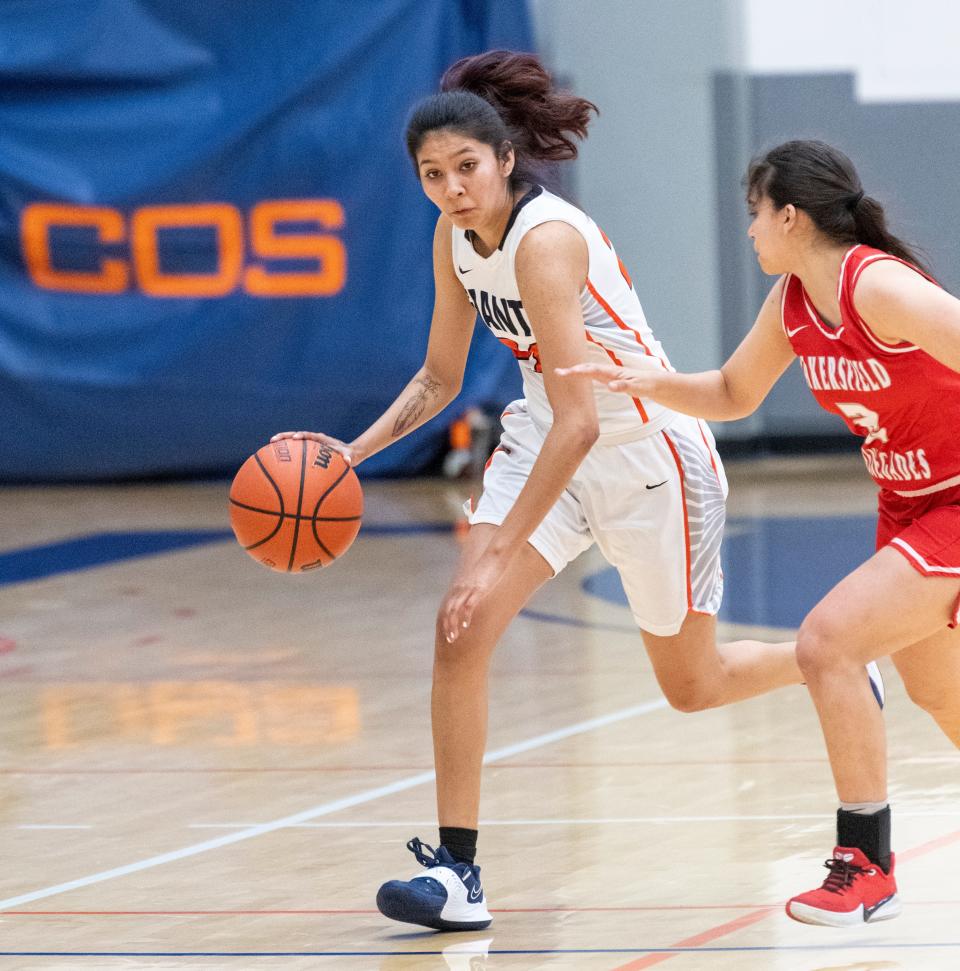 College of the Sequoias’ Celeste Lewis, left, plays against Bakersfield College in women’s basketball on Friday, March 5, 2021.