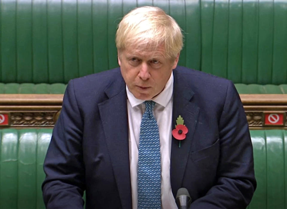 Screen grab of Prime Minister Boris Johnson appearing before the House of Commons to make a statement where he warns MP that coronavirus deaths over the winter could be twice as high as during the first wave of the pandemic, ahead of a national lockdown for England from Thursday.