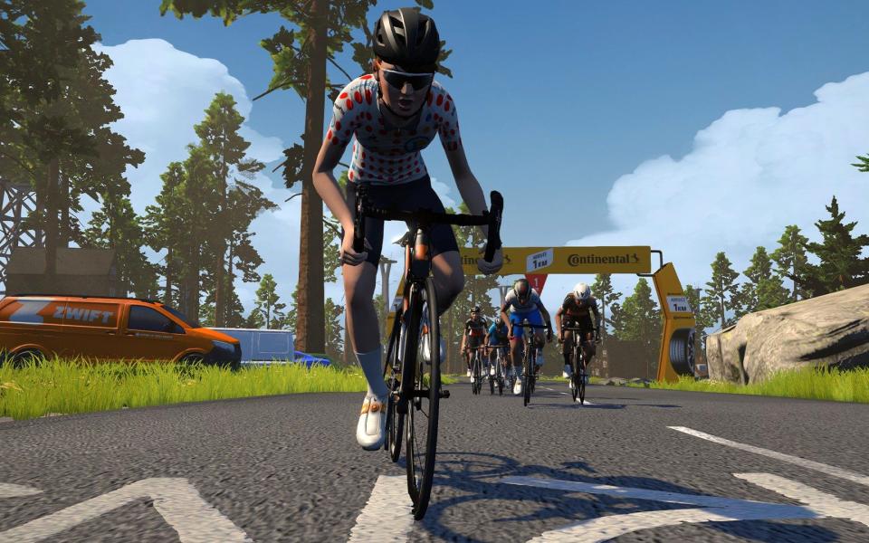 Screengrab from Zwift of a virtual tour de france - Zwift