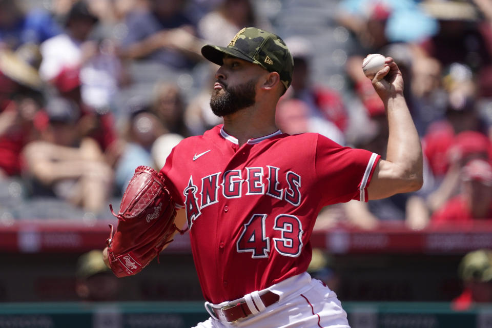 Los Angeles Angels starting pitcher Patrick Sandoval throws to the plate during the second inning of a baseball game against the Oakland Athletics Sunday, May 22, 2022, in Anaheim, Calif. (AP Photo/Mark J. Terrill)