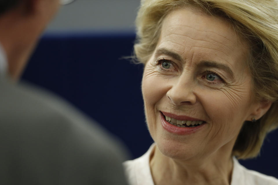 Ursula von der Leyen, the candidate to succeed Jean-Claude Juncker as head of the EU executive, smiles after a debate at the European Parliament in Strasbourg, eastern France, Tuesday July 16, 2019. Ursula von der Leyen is seeking to woo enough legislators at the European Parliament to secure the job of European Commission President in a secret vote late Tuesday. (AP Photo/Jean-Francois Badias)