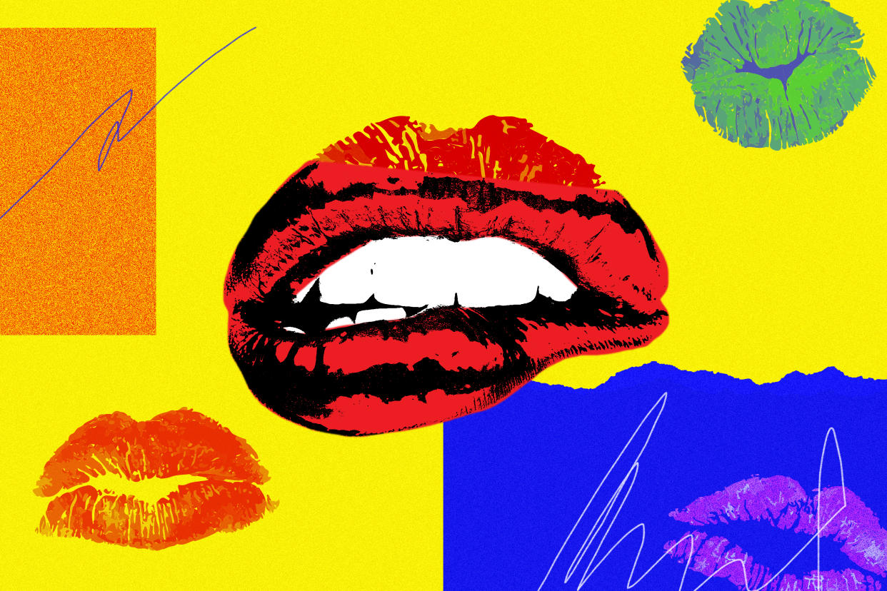 An illustration showing lips against a colorful background.