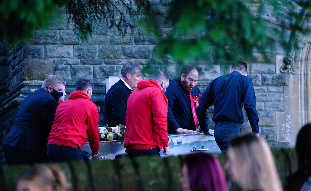 The coffin of Jack Lis at St is carried into Martin's Church, Caerphilly. Picture date: Thursday November 25, 2021.