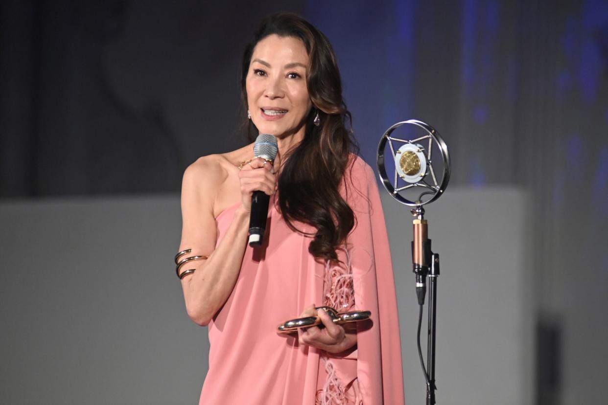 LOS ANGELES, CALIFORNIA - MAY 21: Michelle Yeoh speaks onstage during Gold House's Inaugural Gold Gala: A New Gold Age at Vibiana on May 21, 2022 in Los Angeles, California. (Photo by Stefanie Keenan/Getty Images for Gold House)