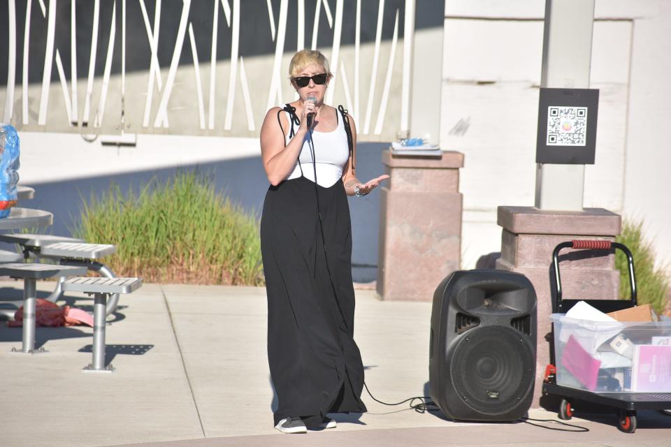Elizabeth Broekemeier speaks about how House Bill 1080, South Dakota's gender-affirming care ban, affects her trans son. She spoke at the "We Won't Go Back" protest on July 28, 2023 in downtown Sioux Falls at Van Eps Park.
