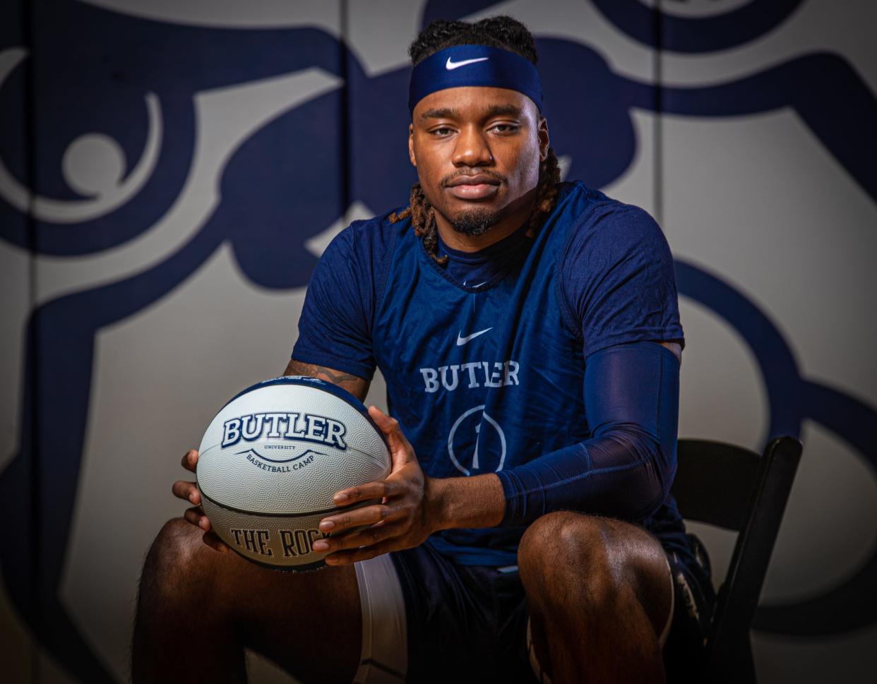 Buttler University basketball player Jahmyl Telfort Media Day on Wednesday, Oct. 17, 2023, in the Buttler University practice gym in Indianapolis.