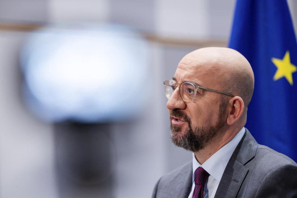 European Council President Charles Michel speaks during an exclusive interview with the Associated Press at the EU Council in Brussels, Friday Oct. 13, 2023. (AP Photo/Geert Vanden Wijngaert)