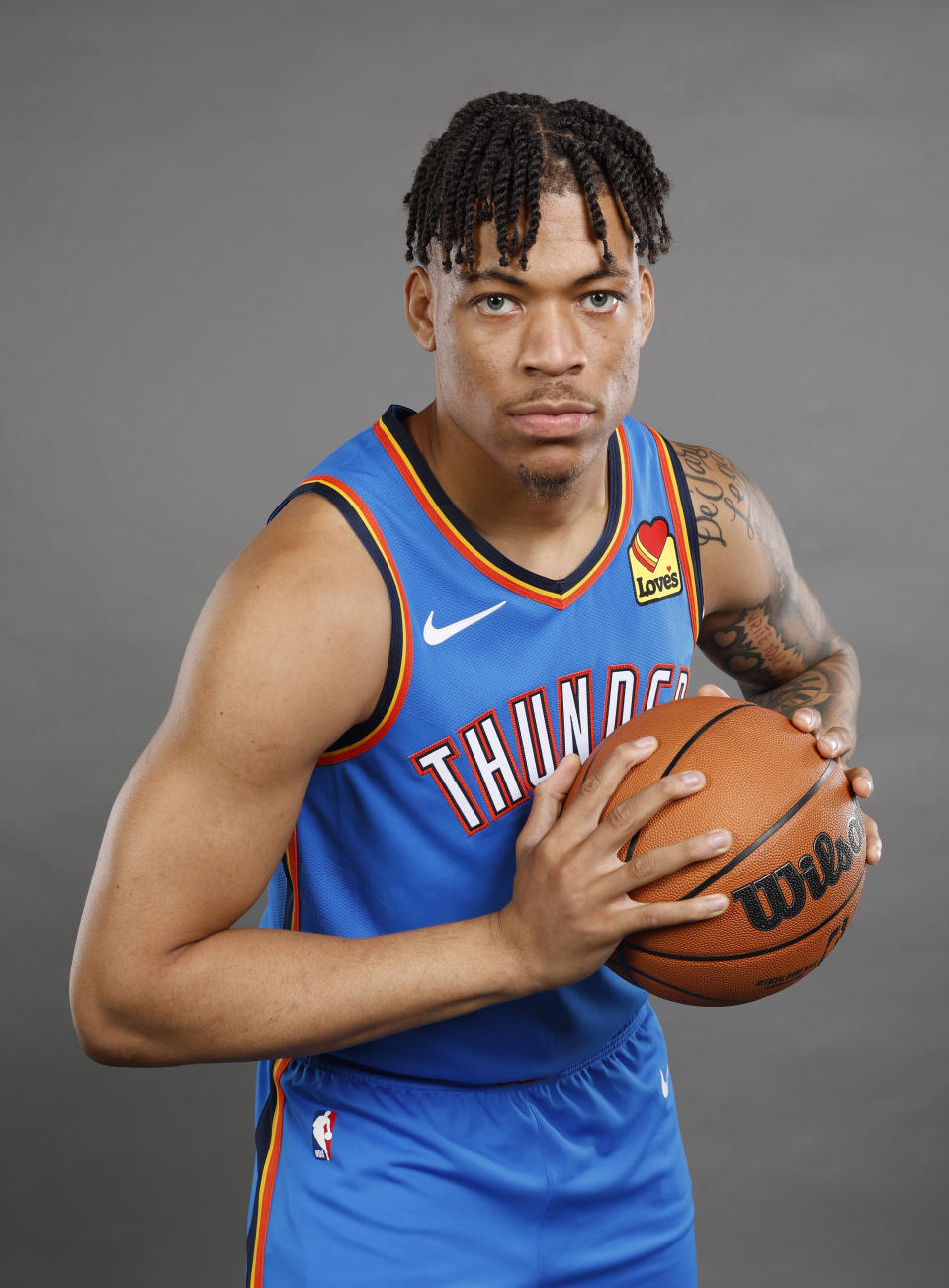 Oct 2, 2023; Oklahoma City, OK, USA; Oklahoma City Thunder forward Keyontae Johnson (18) poses for a photo during media day at Oklahoma City Convention Center. Mandatory Credit: Alonzo Adams-USA TODAY Sports