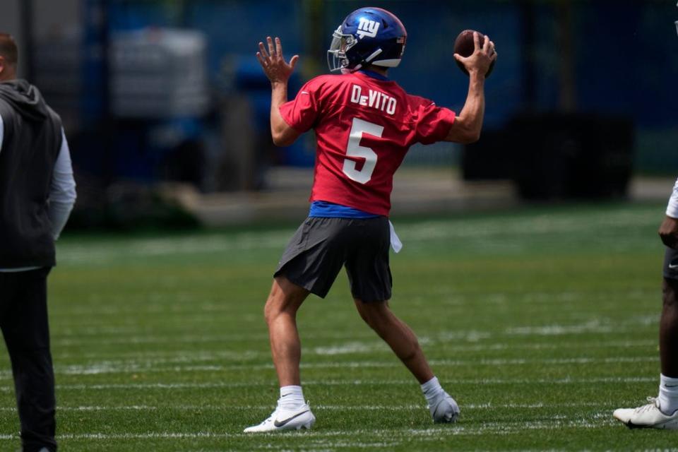 Quarterback Tommy DeVito participates in an NFL football rookie camp at the New York Giants training facility in East Rutherford, N.J., Friday, May 5, 2023. (AP Photo/Seth Wenig)