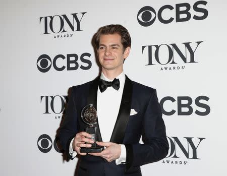 72nd Annual Tony Awards - Photo Room - New York, U.S., 10/06/2018 - Andrew Garfield poses backstage with his award for Best performance by an actor in a leading role in a play for "Angels in America." REUTERS/Brendan McDermid