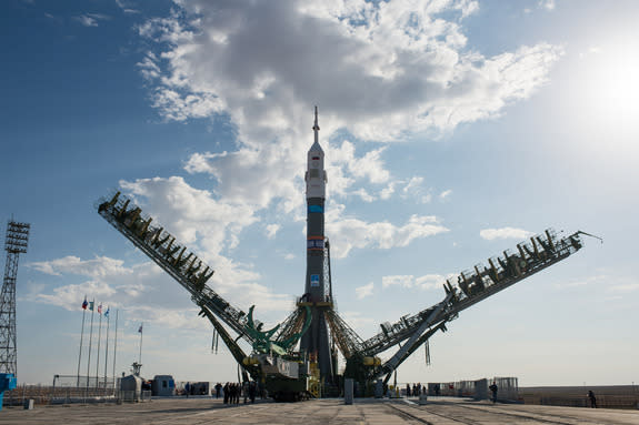 A Russian Soyuz rocket carrying the Soyuz TMA-14M spacecraft towers over its launch pad at Baikonur Cosmodrome ahead of a Sept. 26, 2014 local time launch (Sept. 25 Eastern Time). The mission will launch the new Expedition 41 crew to the Intern