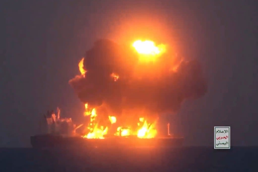 This frame grab from video released by the Ansar Allah Media Office, the media arm of Yemen’s Houthi rebels, on Friday, 23 August 2024, shows what the Houthis describe as one of their attacks on the Greek-flagged oil tanker Sounion in the the Red Sea (AP)