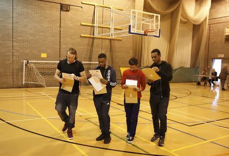 Students react as they receive their A- level results at the Harris City Academy in London, Britain August 18, 2016. REUTERS/Peter Nicholls