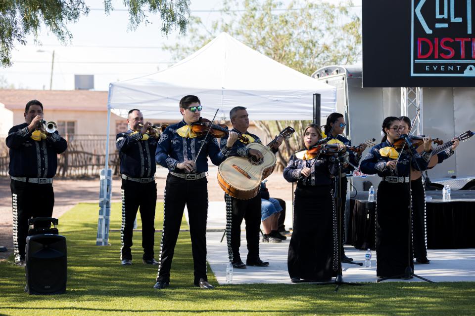 Mariachi performs as the Mission Trail Alliance celebrates the Mission Trail's "Best Historical Site" award on Friday, June 30, 2023, at Casa Ortiz in Socorro, Texas.