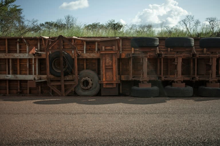 It's common to see the wreckage of trucks along the dangerous road from Bouar to Bangui, in the Central African Republic