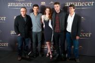 Director Bill Condon, actors Taylor Lautner, Kristen Stewart, Robert Pattinson and producer Wyck Godfrey attend the "The Twilight Saga: Breaking Dawn - Part 2" premiere at the Villamagna Hotel on November 15, 2012 in Madrid, Spain. (Photo by Carlos Alvarez/Getty Images)