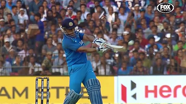 Dhoni got hold of shot that was destined for six runs. Pic: Fox Sports