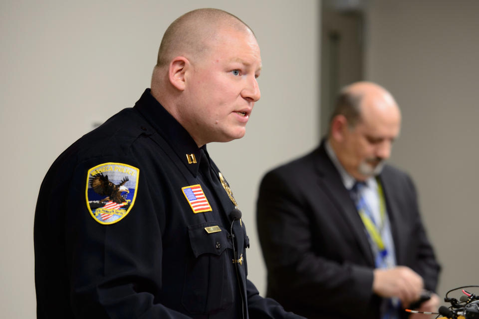 Waseca Police Captain Kris Markeson, left, and Waseca school Superintendent Tom Lee spoke at a news conference about the 17-year-old arrested in plot to kill family and massacre students at Waseca school. (AP Photo/The Star Tribune,Glen Stubbe)