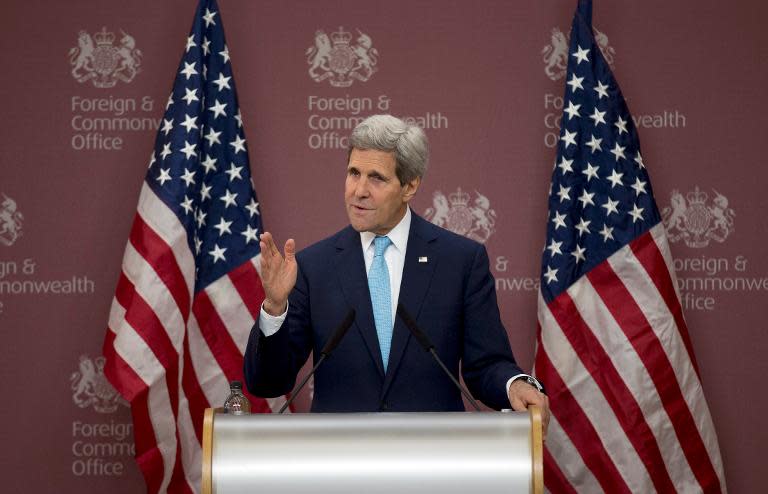 US Secretary of State John Kerry speaks during a press conference following the Friends of Syria meeting in London, on May 15, 2014