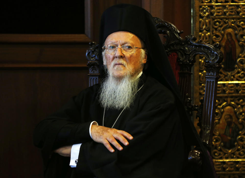 FILE - In this Friday, Aug. 31, 2018 file photo, Ecumenical Patriarch Bartholomew I, the spiritual leader of the world's Orthodox Christians, looks on at the Patriarchate in Istanbul. The Russian Orthodox Church warned Friday, Sept. 28 that it would sever ties with the leader of the worldwide Orthodox community if he grants autonomy to Ukraine’s Orthodox Church. The warning follows Ecumenical Patriarch Bartholomew I’s promise to allow the Orthodox Church in Ukraine to be autocephalous, or ecclesiastically independent. (AP Photo/Lefteris Pitarakis, file)