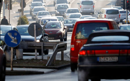 Cars are pictured during morning rush hour at Schildhorn Street in a Berlin, Germany, February 22, 2018. REUTERS/Fabrizio Bensch